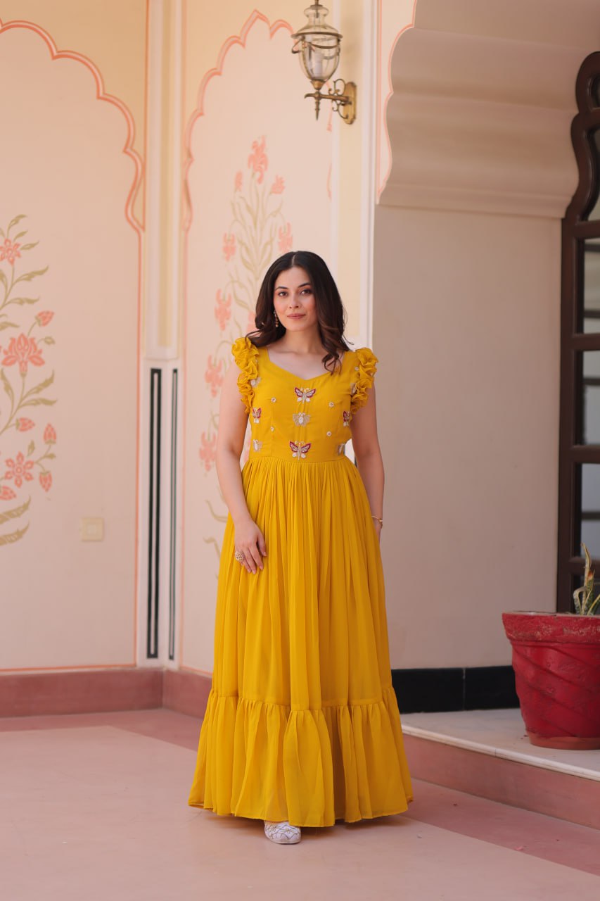 Women's Elegant Plum Purple Georgette Anarkali Gown with Butterfly Applique & Ruffle Sleeves β Festive & Special Occasion Wear - Image 6